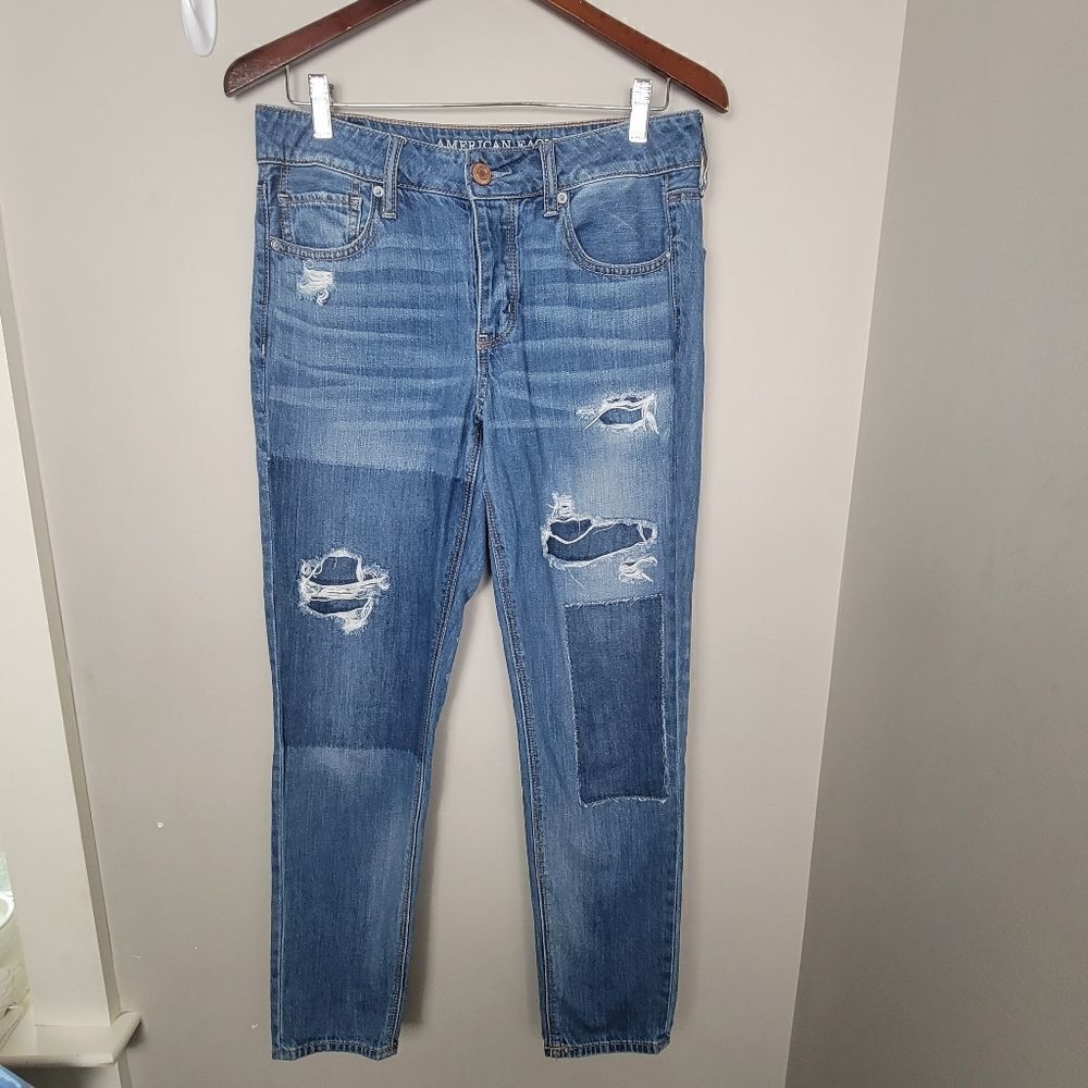 American Eagle Jeans Womens Tomgirl Button Fly Patchwork Relaxed Distressed 4